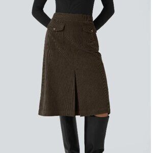 Mid Rise Front Side Flap Pocket Midi Corduroy Casual Skirt